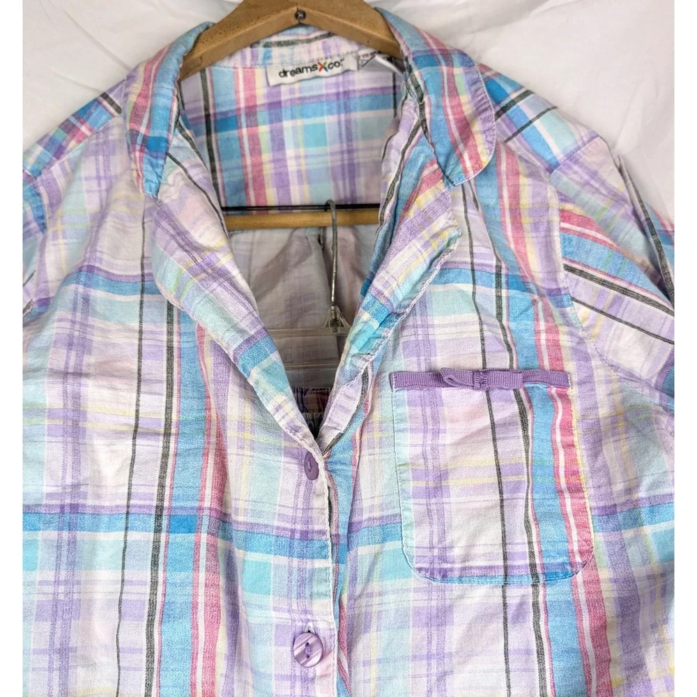 Dreams & Co Womens Pastel Plaid Cotton Pajama Set 2PC Purple Blue Pink Large